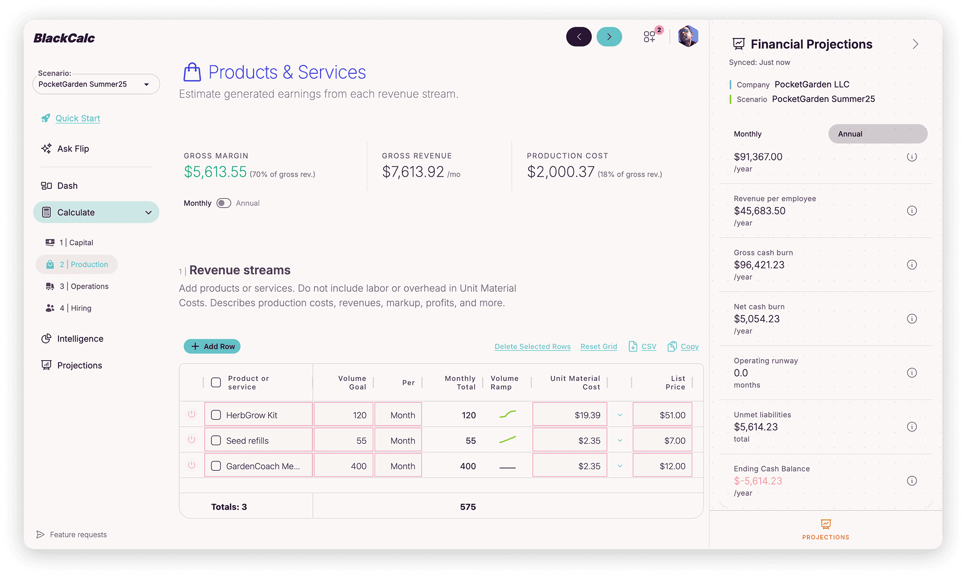 Full layout financial calculator showing scenario modeling